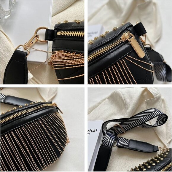 💫 Glt.etl Faux leather Fringe Women Black Quilted Rivet Studded Waist Pack - Picture 4 of 7